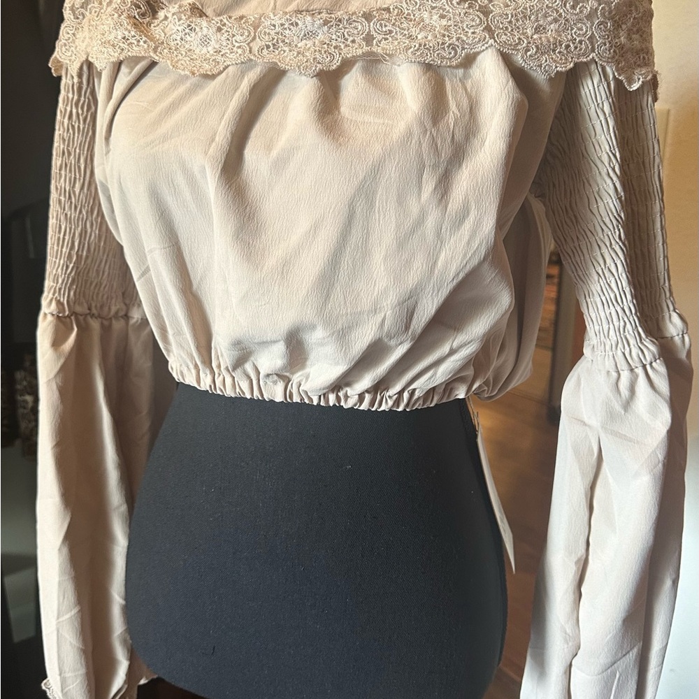 Elegant lace Cream Off-Shoulder, poet sleeves, Women's Blouse